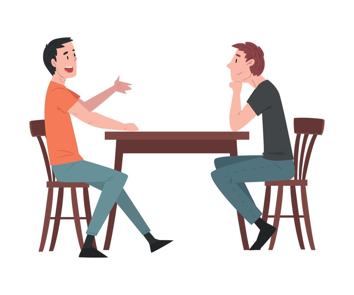 Two Guys Sitting at Table in Cafe, People Drinking Coffee and Relaxing at Coffeehouse or Coffee Shop Illustration vector