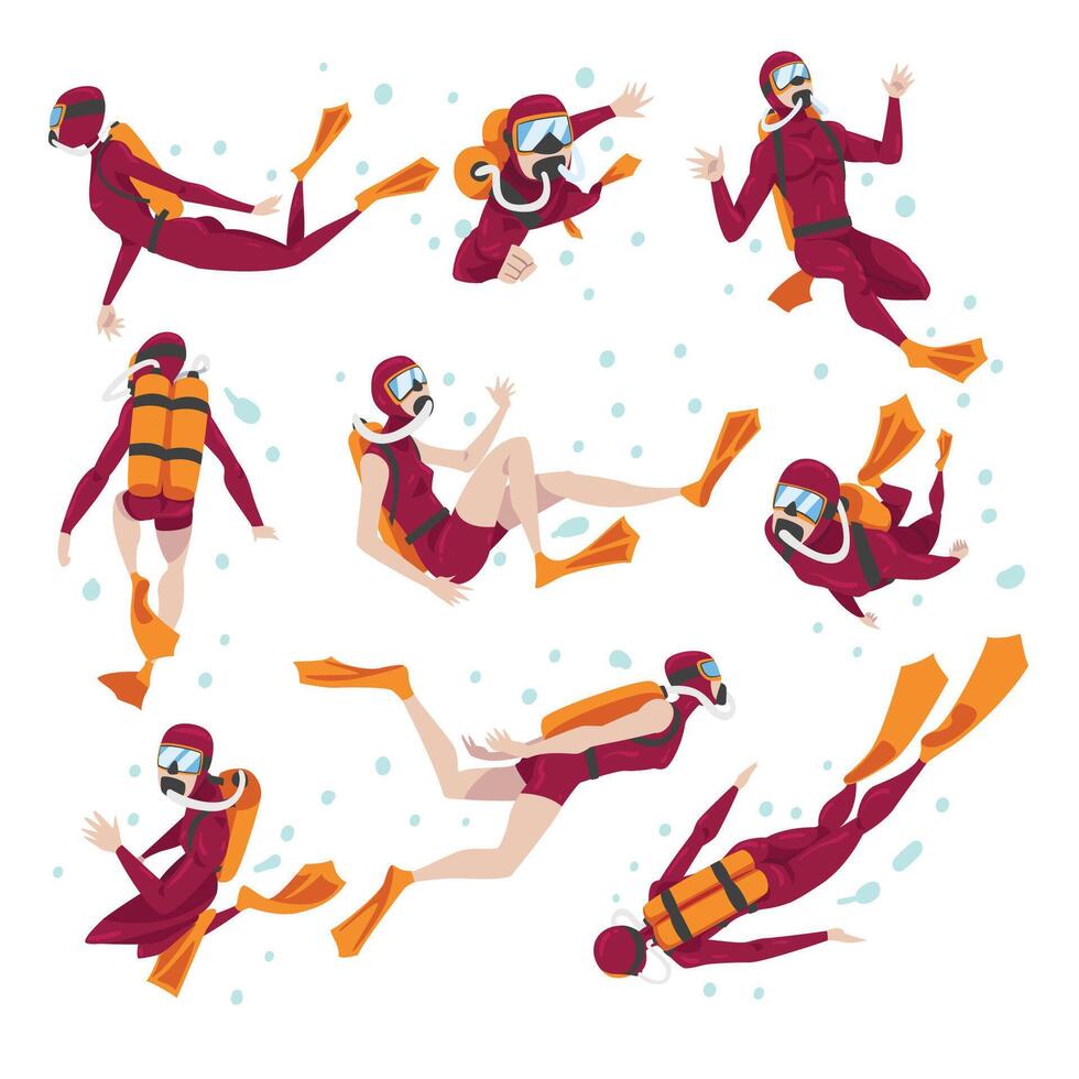 Set of Divers in Wetsuit, Mask and Flippers Diving in the Sea, Summer Water Sport, Extreme Hobby Cartoon Style Illustration vector