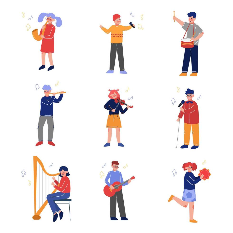 Teen Children Playing Different Musical Instruments and Singing, Talented Boys and Girls Playing Guitar, Violin, Drum, Flute, Saxophone, Harp, Guitar, Tambourine Illustration vector