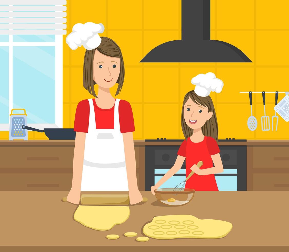 Mother and Her Daughter Cooking Food in the Kitchen Together, Family in Everyday Life at Home Illustration vector