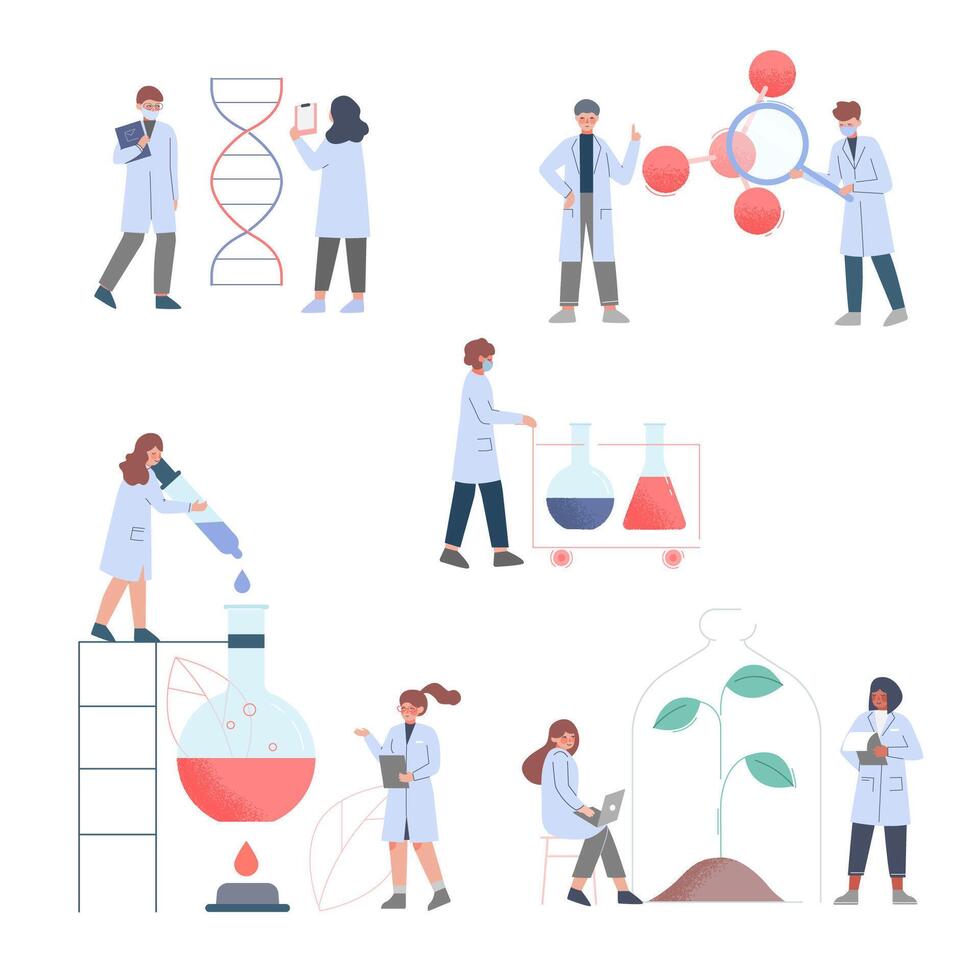 Scientists in Lab, Team of People in White Coat Doing Professional Science and Medical Researchers Flat Style Illustration vector