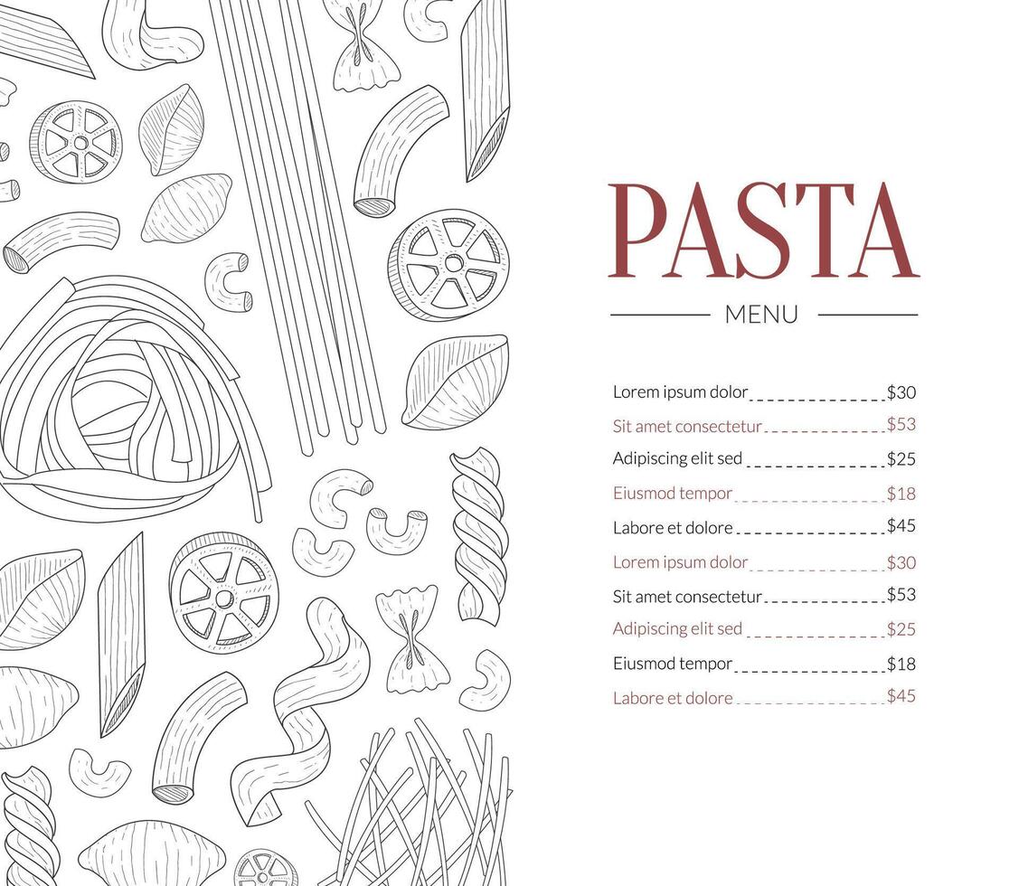 Pasta Menu Template, Traditional Italian Cuisine Dish Restaurant and Cafe Menu Hand Drawn Illustration vector
