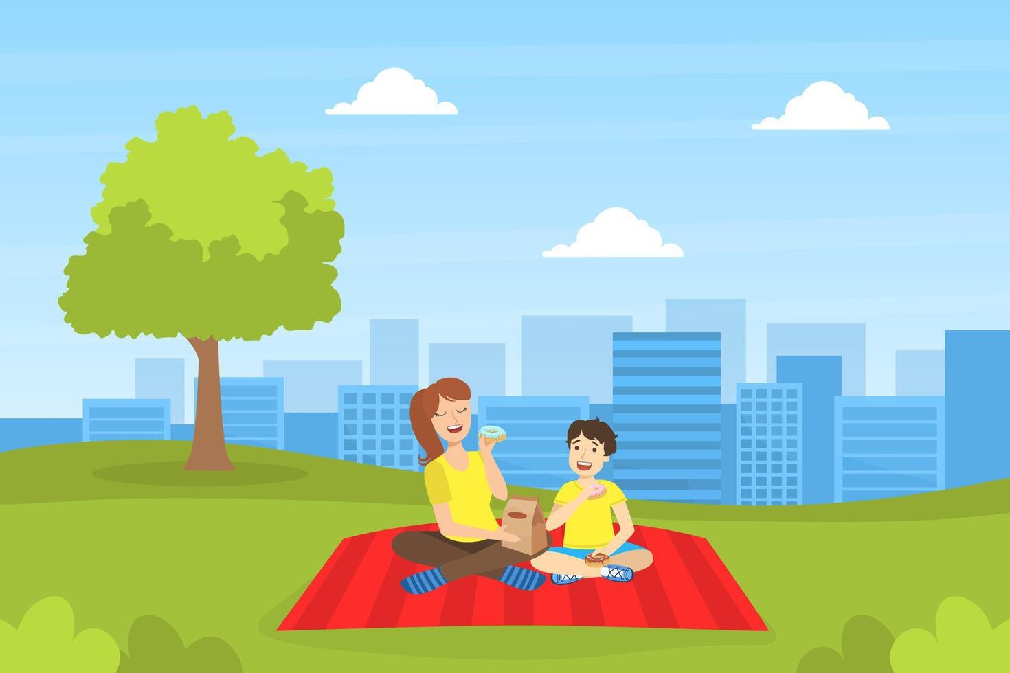 Loving Mother and Her Son Eating and Relaxing in Park, Happy Family Having Picnic Outdoors Illustration vector