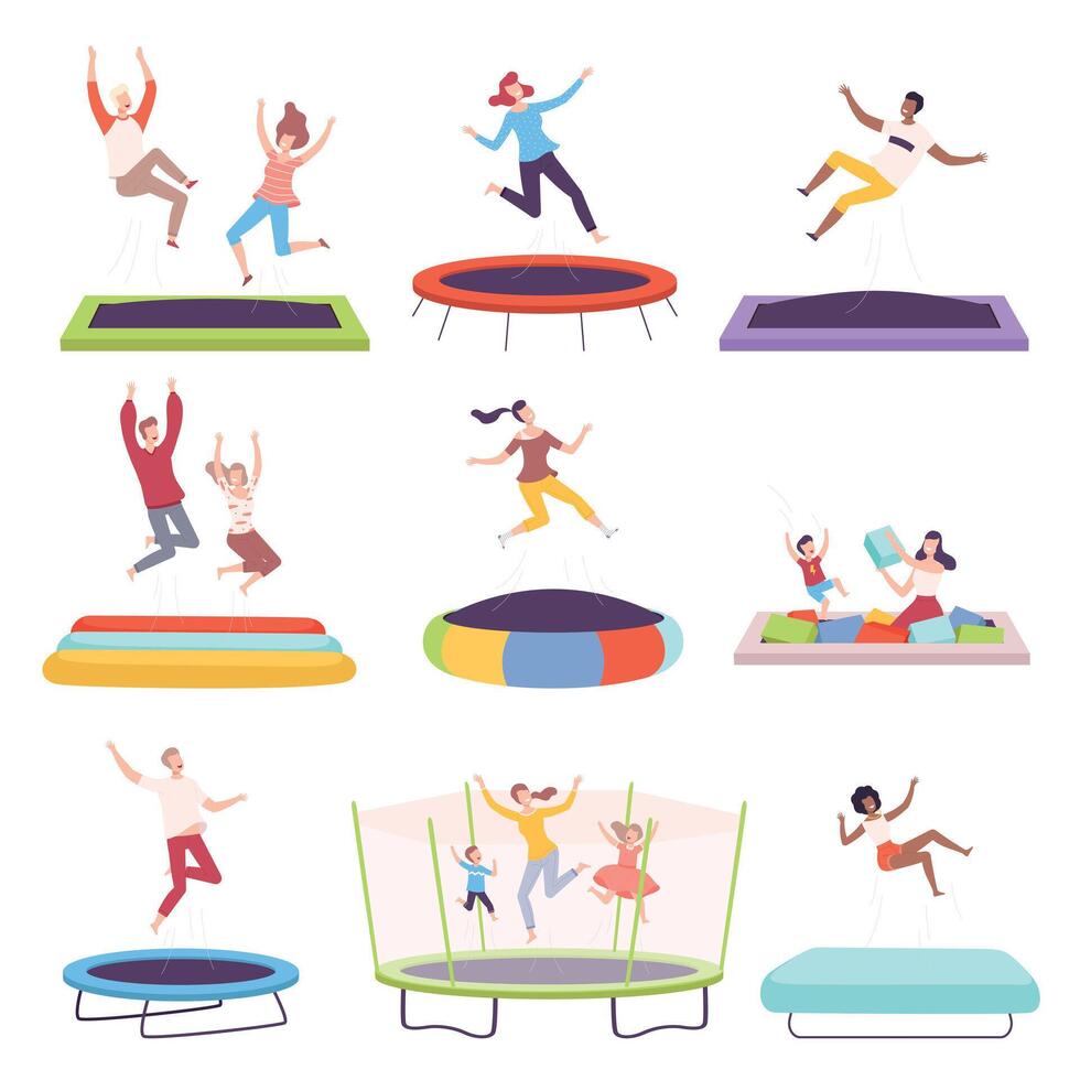 Happy People Jumping on Trampoline, Men, Women and Kids Having Fun Together, Active Healthy Lifestyle, Summer Time Attraction Flat Style Illustration vector