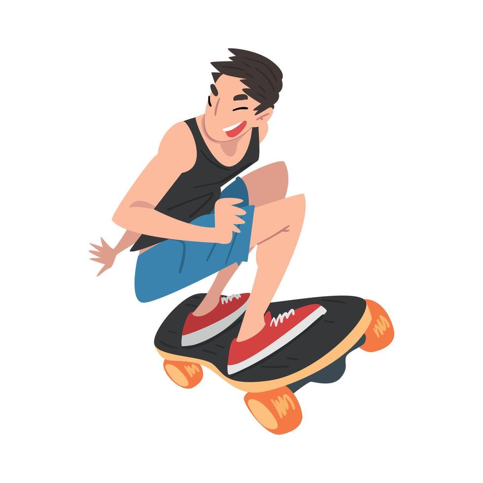 Male Skateboarder Performing Trick, Boy Jumping on Skateboard, Extreme Hobby or Sport Cartoon Style Illustration vector