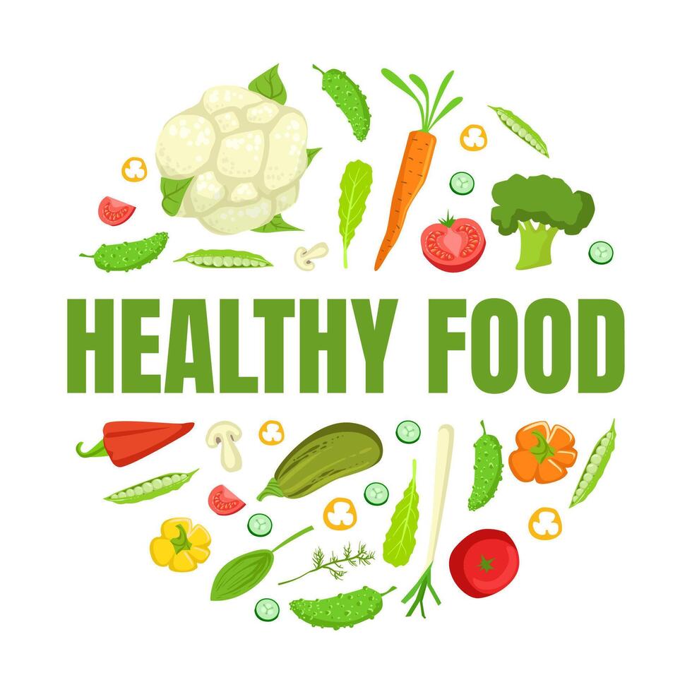 Healthy Food Banner Template with Organic Vegetables of Round Shape, Eco Vegetarian Food Diet Illustration vector