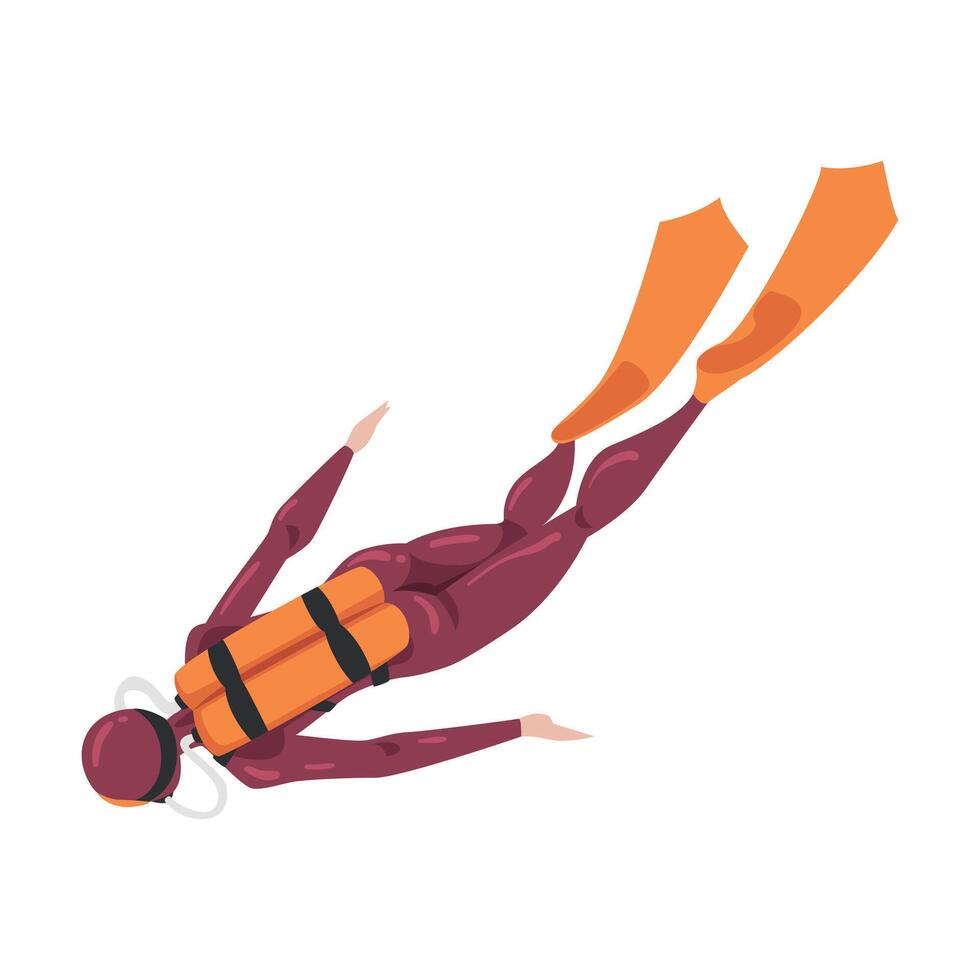 Diver in Wetsuit, Mask, Flippers and Breathing Equipment Diving, Water Sport, Extreme Hobby Cartoon Style Illustration vector