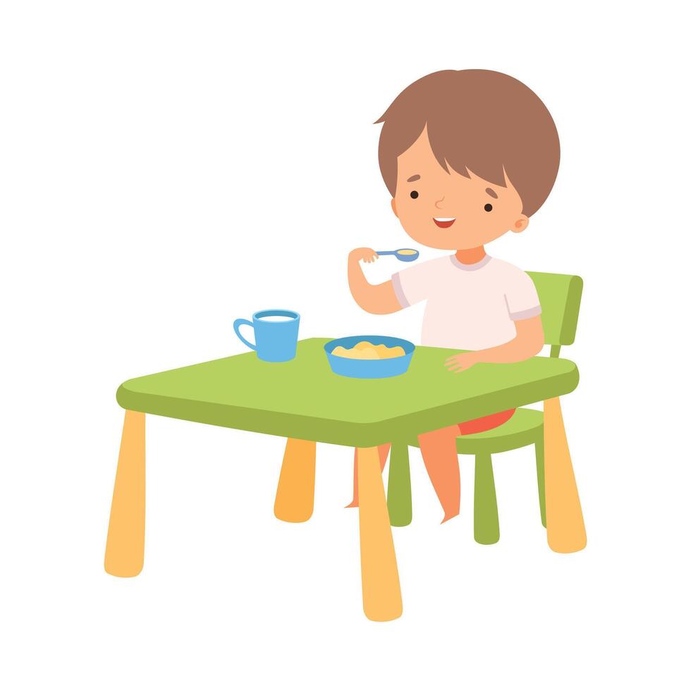 Cute Boy Eating Breakfast at the Table, Preschool Kid Daily Routine Activity Cartoon Illustration vector