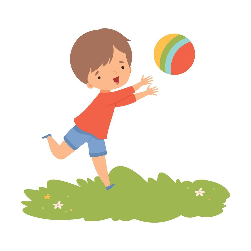Cute Boy Playing Ball, Preschool Kid Daily Routine Activity Cartoon Illustration vector