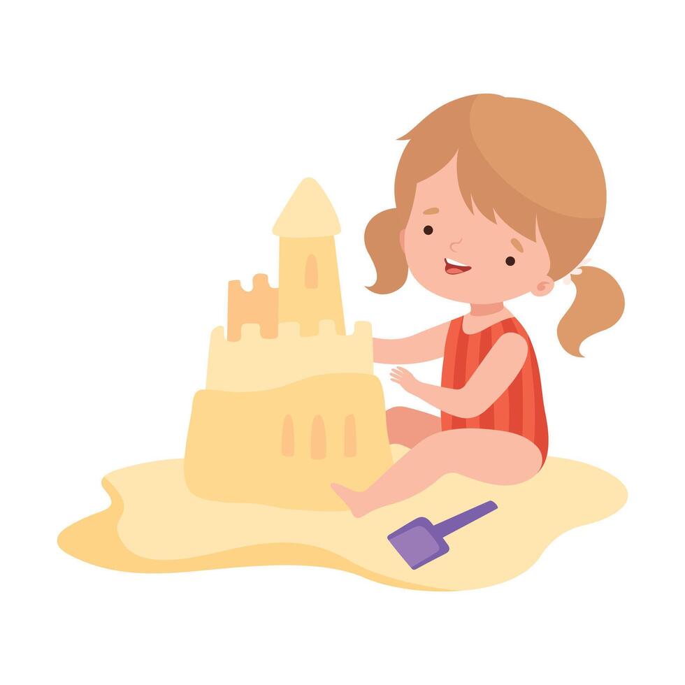 Cute Girl Building Sandcastle, Kids Summer Activities, Adorable Child Having Fun on Beach on Holidays Cartoon Illustration vector