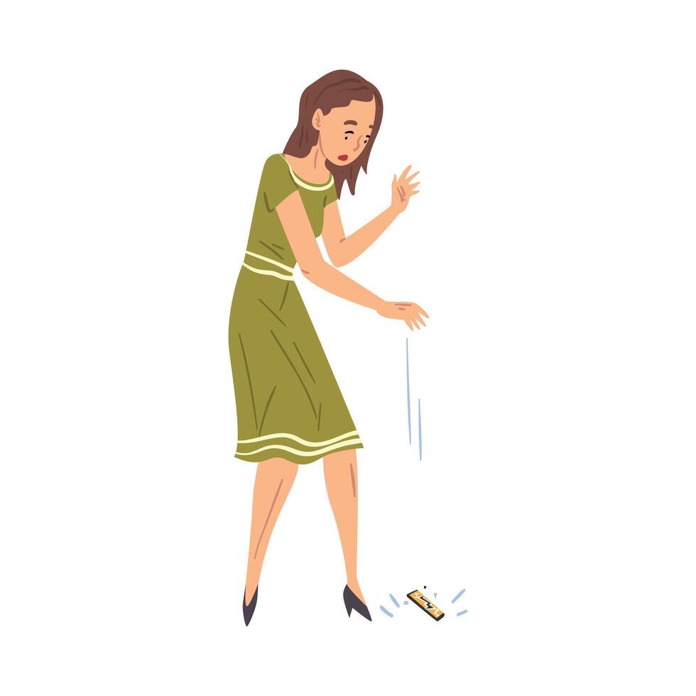 Shocked Young Woman Dropping Her Smartphone, Sad Girl with Broken Phone Cartoon Style Illustration on White Background vector