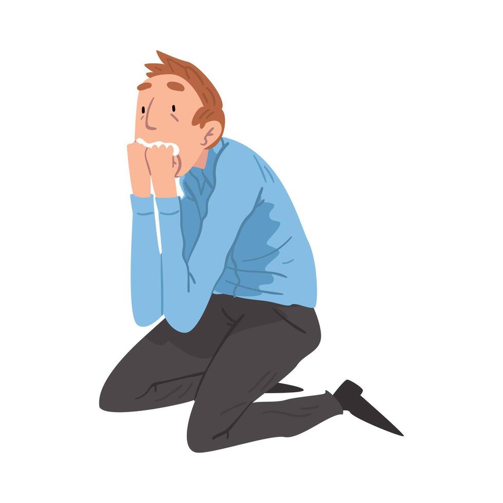Scared Young Man Sitting on the Floor on His Knees with Hands on Face, Anxiety or Panic Attack, Stressed or Depressed Nervous Person Illustration vector