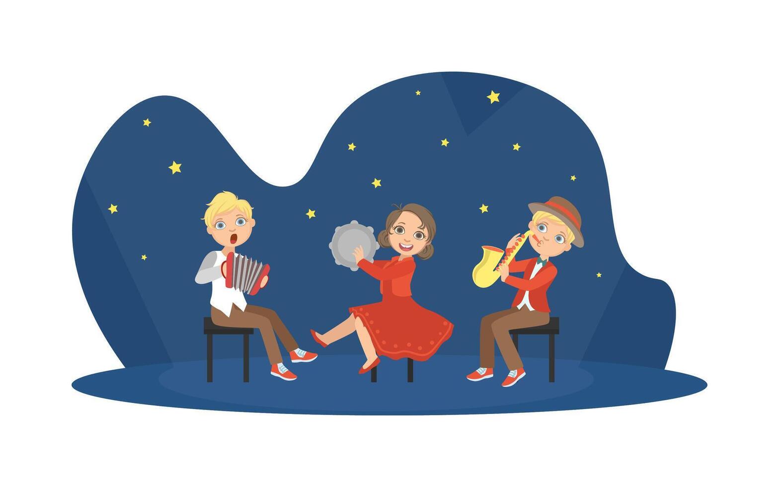 Cute Girl and Boys Playing Musical Instruments, Talented Young Musicians Performing at Open Air Festival at Night Illustration vector