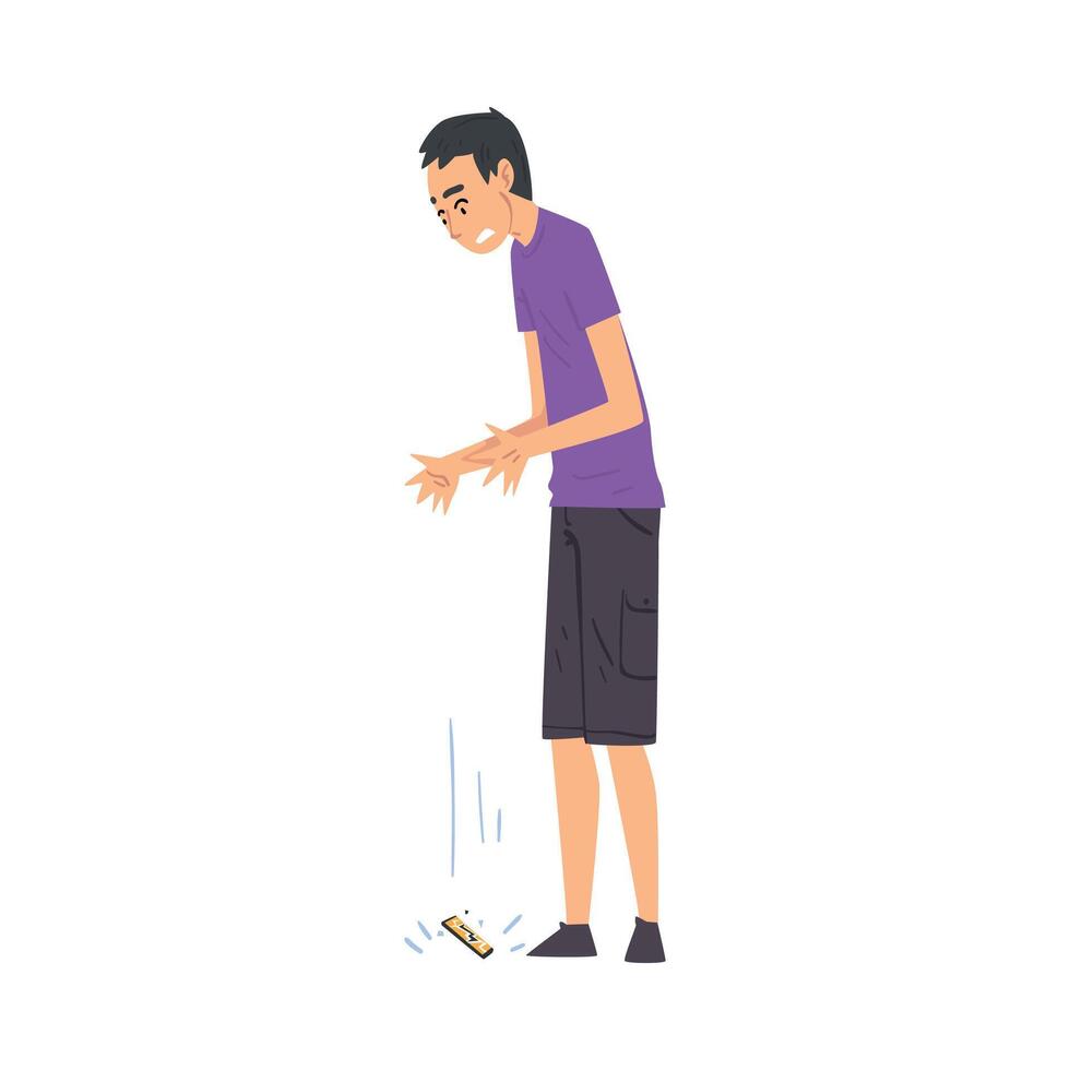 Young Man Dropping His Smartphone Down, Sad Person with Broken Phone Cartoon Style Illustration on White Background vector