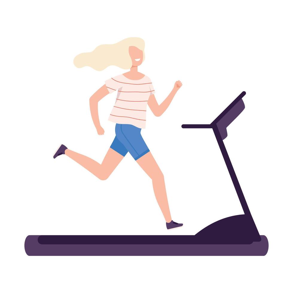 Young Woman Running on Treadmill, Girl Doing Sports in Fitness Club, Gym or Home, Active Healthy Lifestyle Flat Style Illustration vector