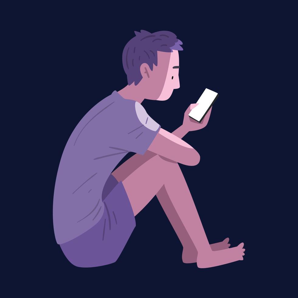 Guy in Pajamas Sitting with Smartphone at Night, Person Using Gadget in Bedtime Illustration vector