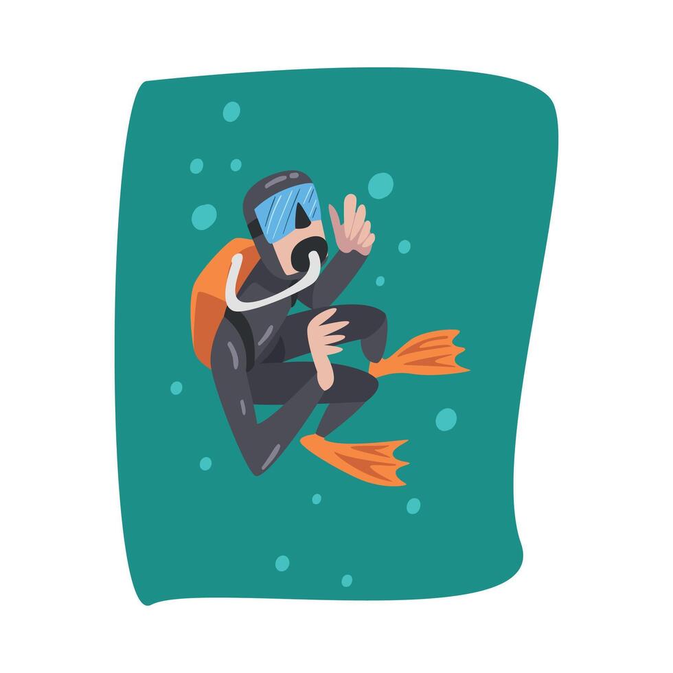 Professional Underwater Scuba Diver in Black Wetsuit, Mask, Flippers and Equipment for Breathing Swimming in the Sea, Extreme Water Sport Cartoon Style Illustration vector