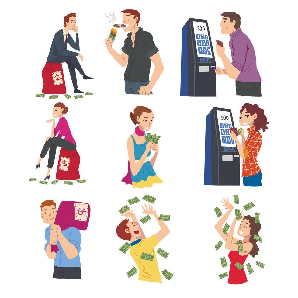Successful Rich People Enjoying Their Wealth Set, Men and Women with Moneybags, Standing under Money Rain, Using Modern Electronic Self Service Terminal Illustration vector