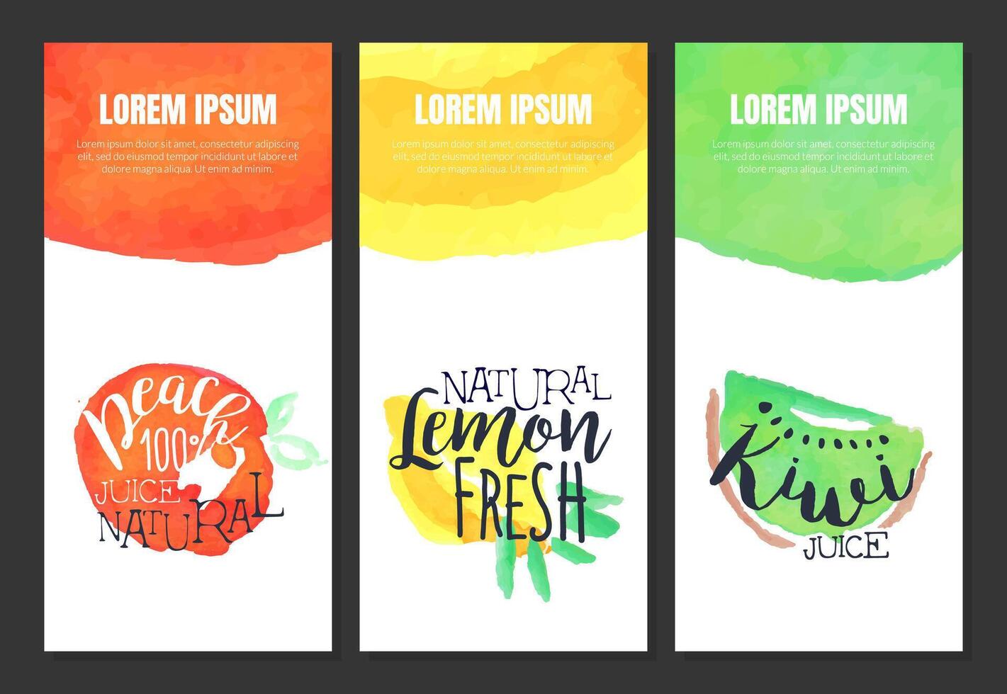 Fresh Peach, Lemon, Kiwi Juice Banner Template Set, Sweet Tropical Fruits Natural Drink Labels, Watercolor Vertical Hand Drawn Illustration vector