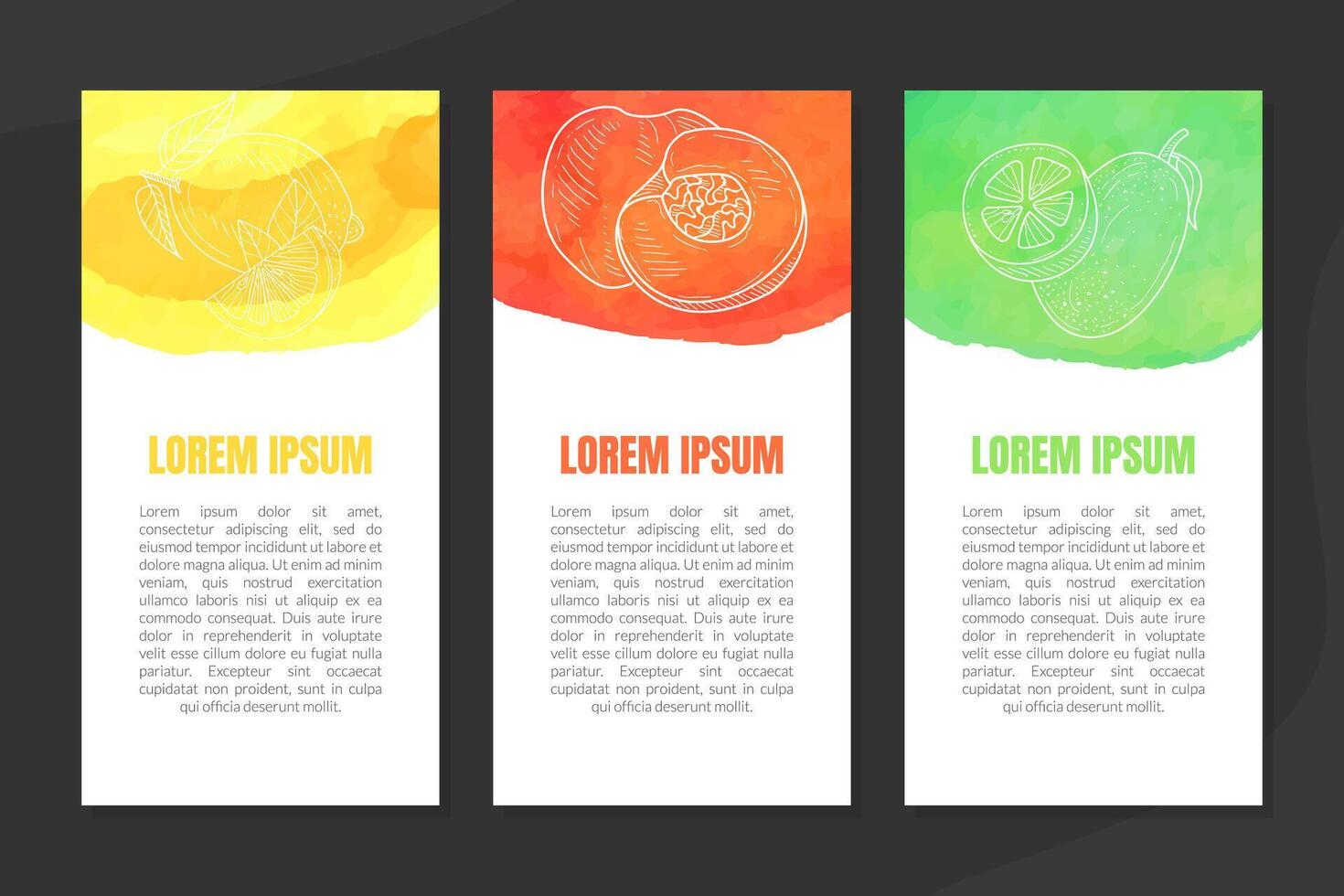 Natural Fresh Juice Banner Template Set with Space for Text, Watercolor Vertical Hand Drawn Illustration vector