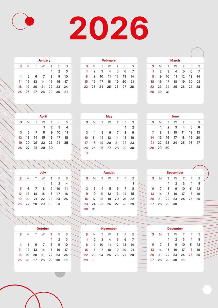 vertical calendar template 2026 with week start on sunday, european printable gray red calendar vector