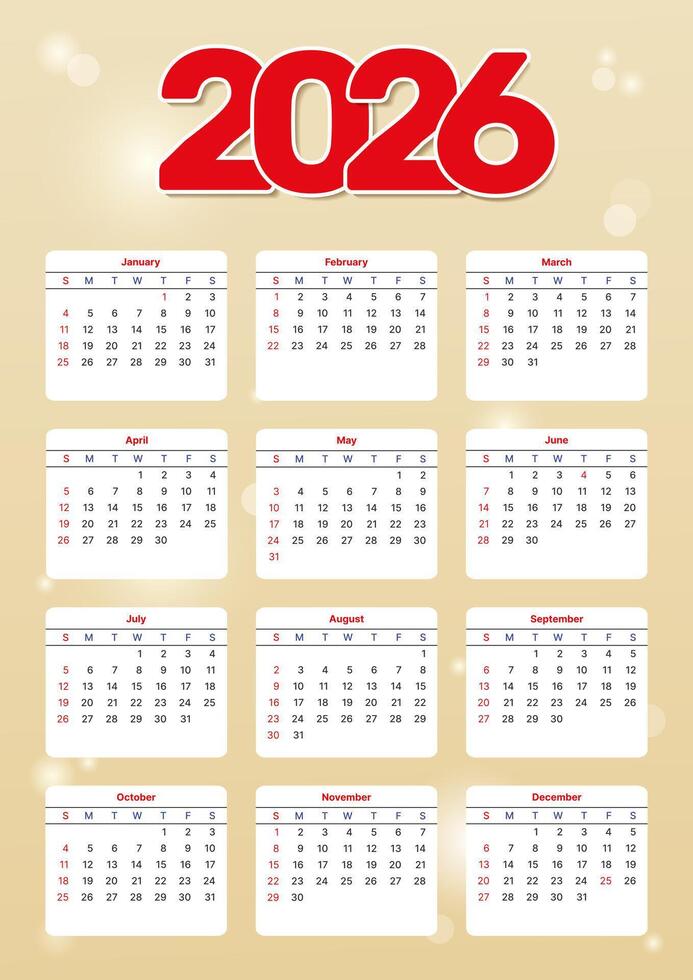 vertical calendar template 2026 with week start on sunday, european printable beige calendar vector