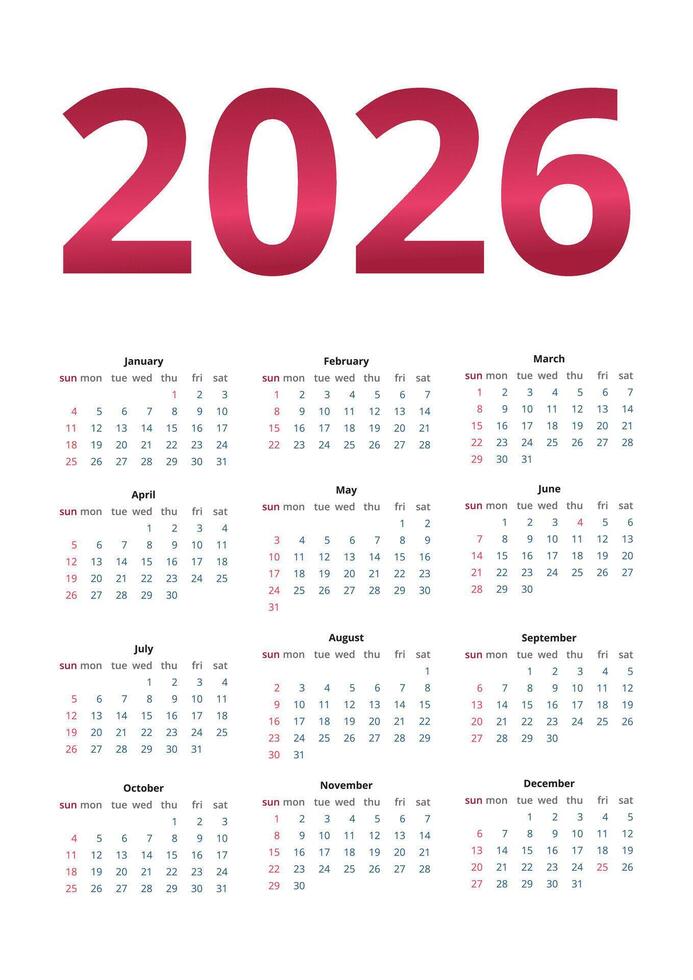 minimalist 2026 calendar template on white background with red large year numbers vector