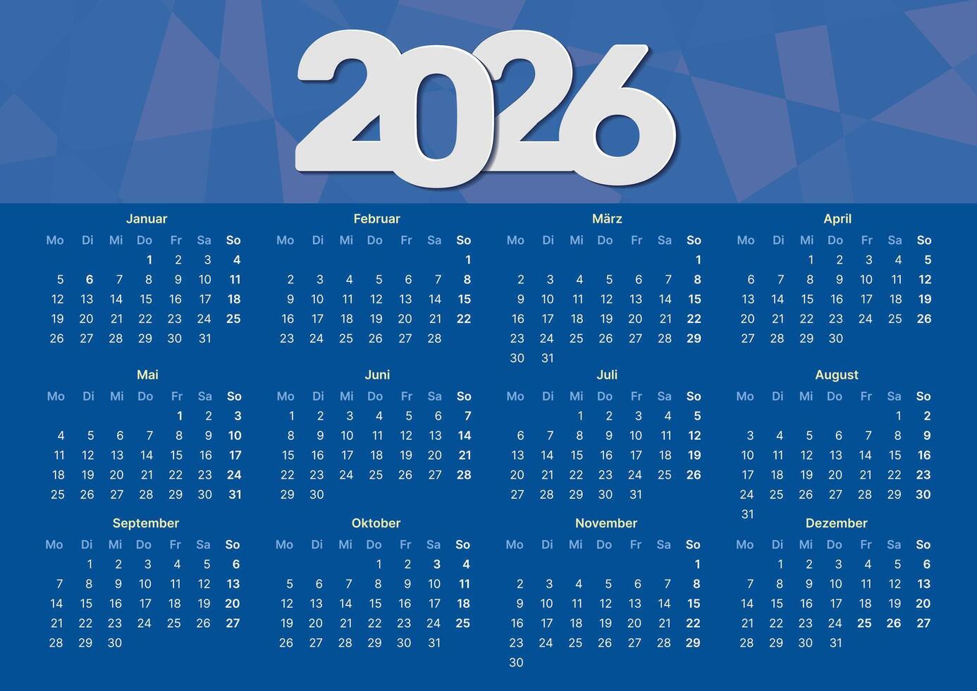 horizontal german calendar 2026 a3 format blue wall calendar template for germany vector