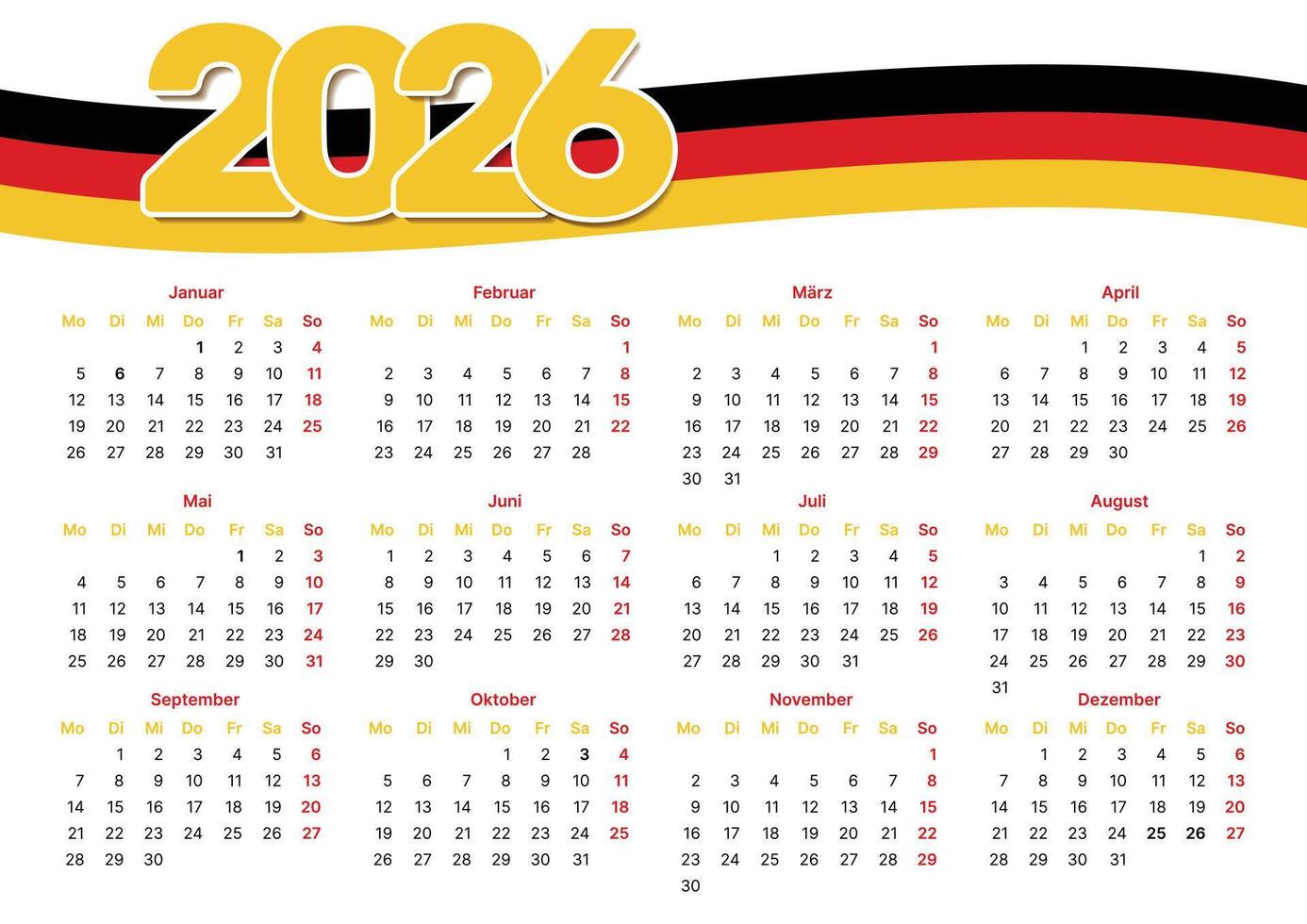 horizontal german calendar template 2026 modern wall calendar with flag vector