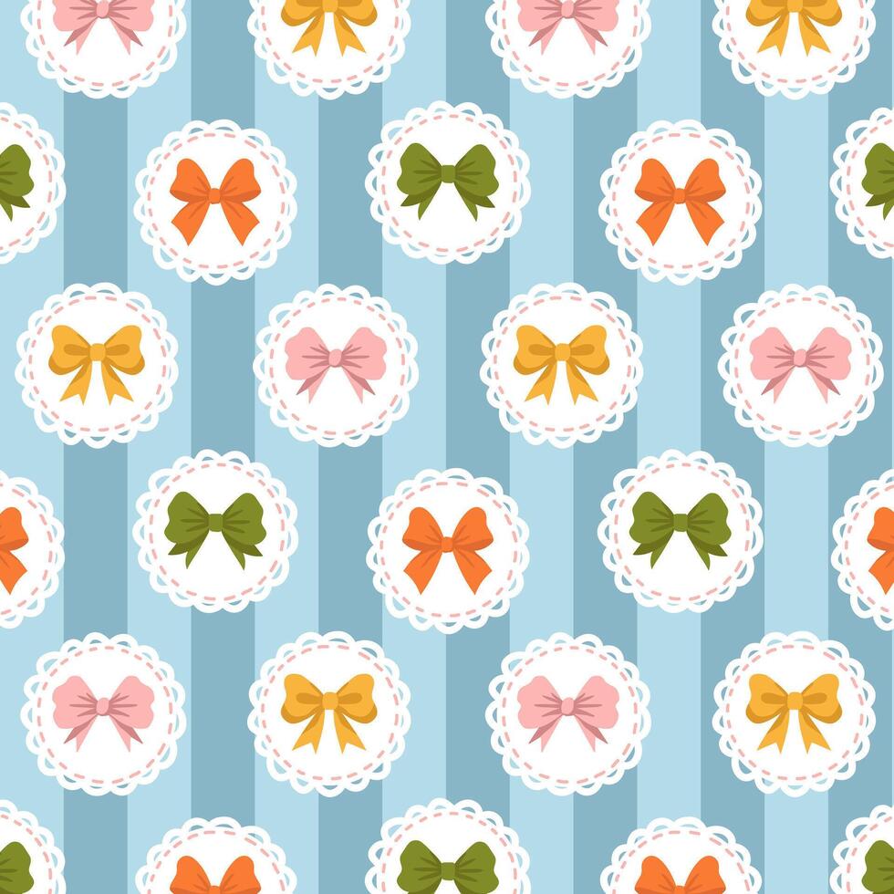 Cute seamless pattern with bows in a frame on a striped background. vector