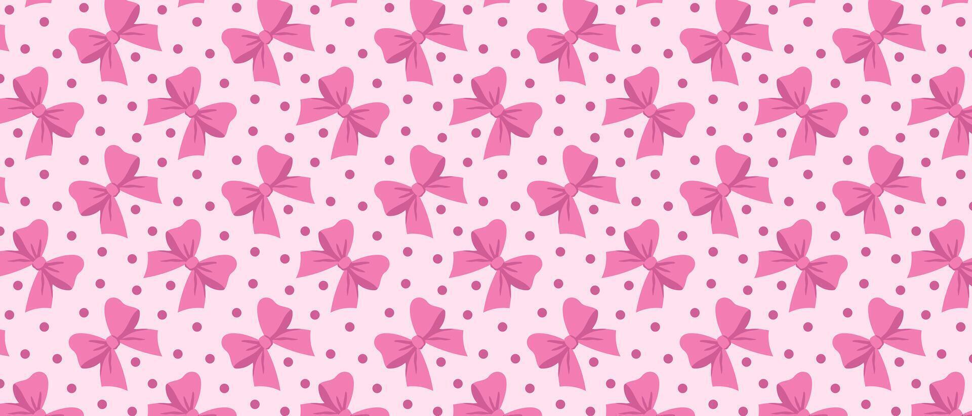 Seamless pattern with cute pink bows on polka dot background. vector
