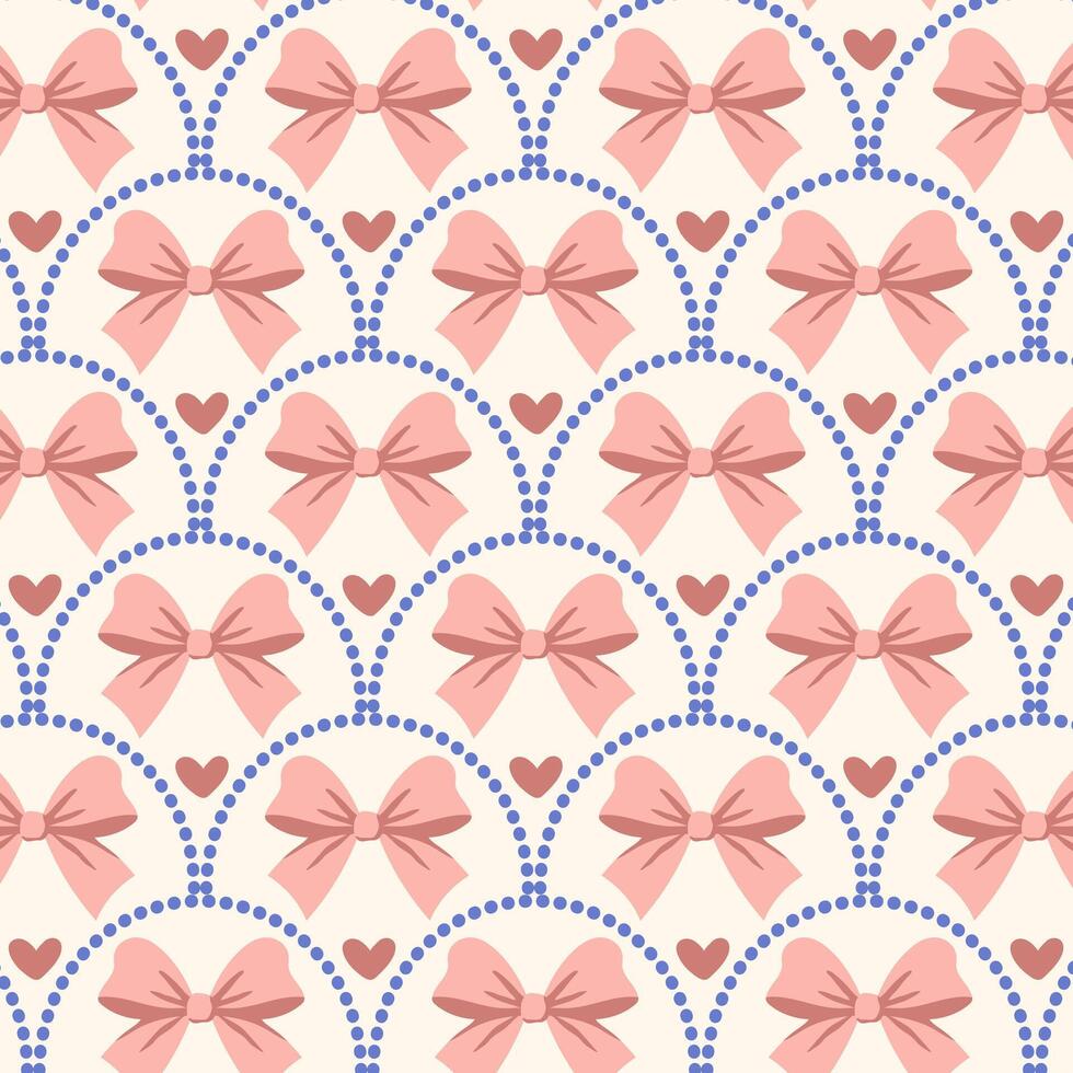 Pattern with cute pink bows in cells. vector