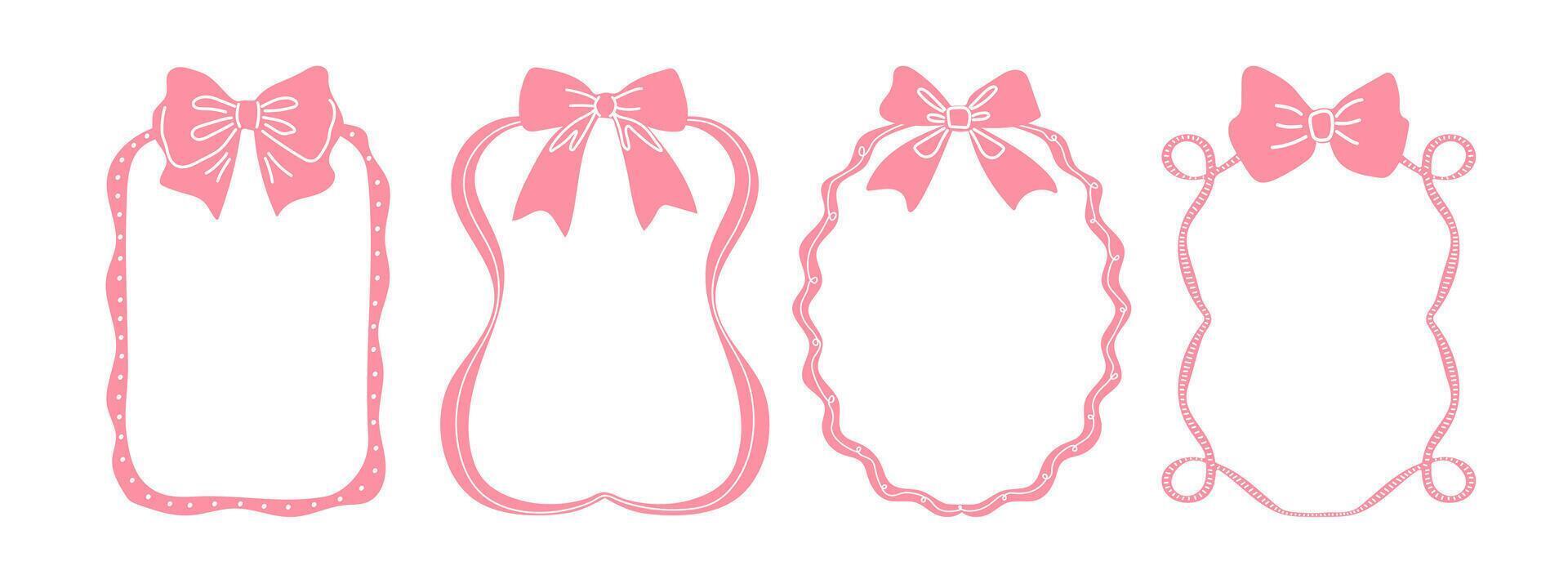 Cute naive hand-drawn frames with bows. Doodle set of pink frames with ribbons. vector