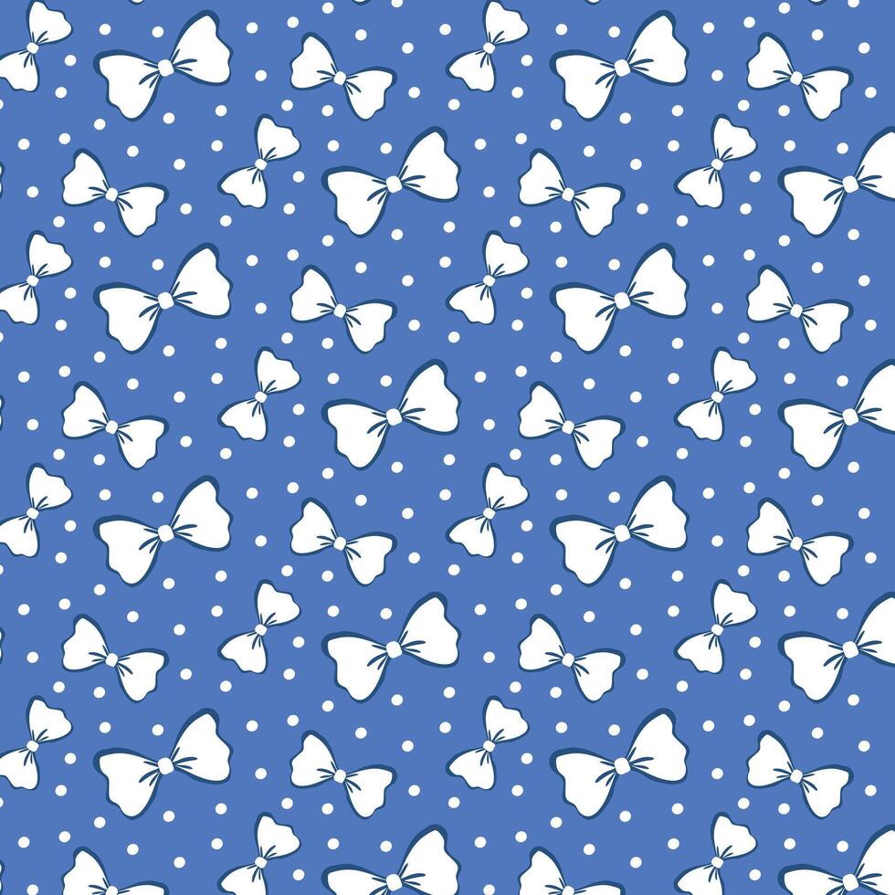 Seamless pattern of cute bows. White bows on a blue background with polka dots. vector