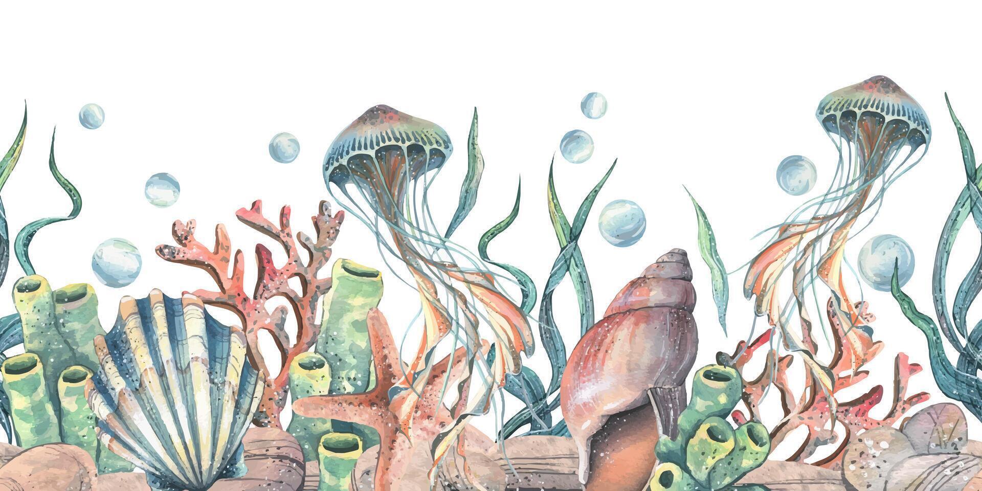 Jellyfish, seashells, seaweed, starfish, corals, sea sponges and pebbles, bubbles. Marine, nautical watercolor illustration of the underwater world hand drawn. Seamless pattern horizontal border vector