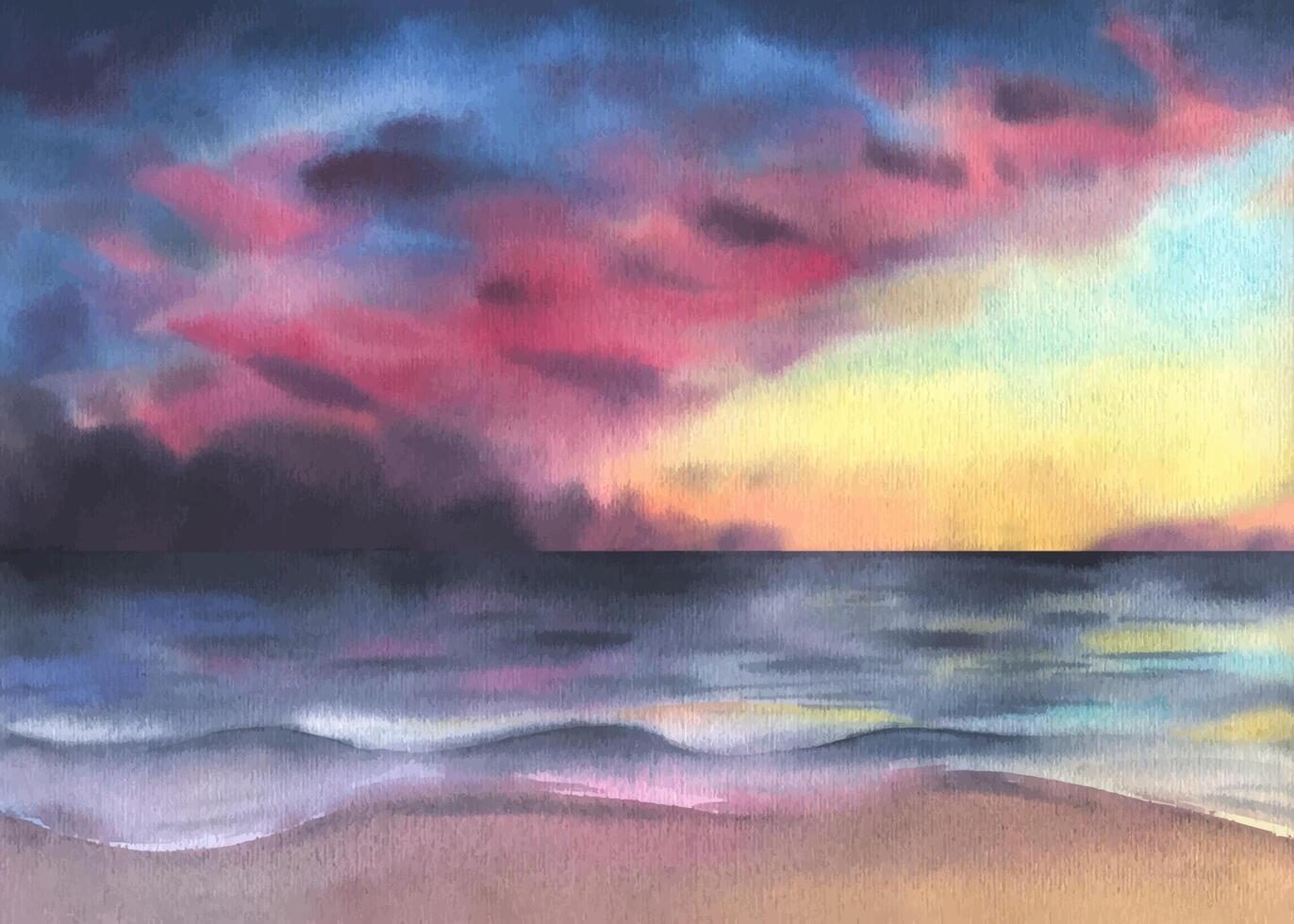 Vibrant sunset over a tranquil ocean, painted in soft watercolor hues of gold, pink, and purple. Ideal for travel posters, wall art, branding, social media. A serene, dreamy backdrop for any project. vector