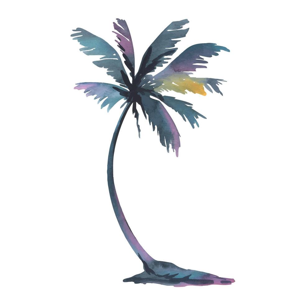 Vibrant watercolor palm tree silhouette, hand-painted in lush tropical tones. Perfect for travel designs, beach branding, and summer-themed projects as a standalone element. vector