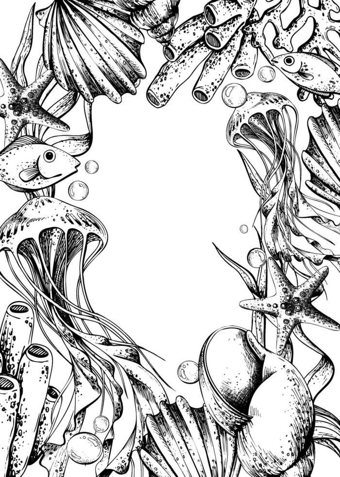 Jellyfish, corals, sea sponges, algae, shells, starfish and bubbles. Hand drawn graphic illustration in black and white color line art. Frame template vertical for text on marine theme vector