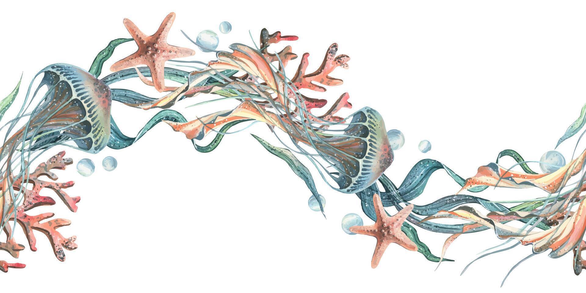 Jellyfish, seashells, seaweed, starfish, corals, sea sponges and pebbles, bubbles. Marine, nautical watercolor illustration of the underwater world hand drawn. Seamless pattern horizontal wave border vector