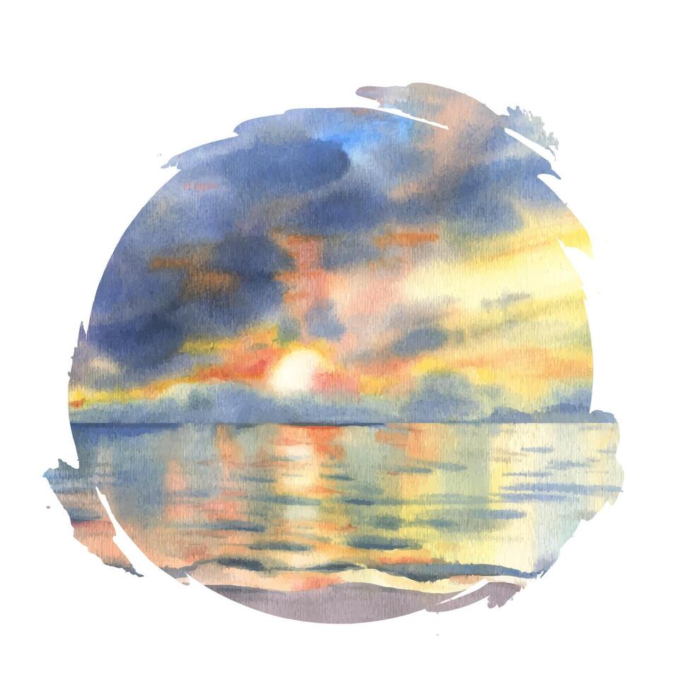 Seascape at sunrise, calm ocean, colorful sky, hand-painted in watercolor with round brushstroke frame. Perfect for postcards, posters, packaging, websites, branding, and tropical-themed projects. vector