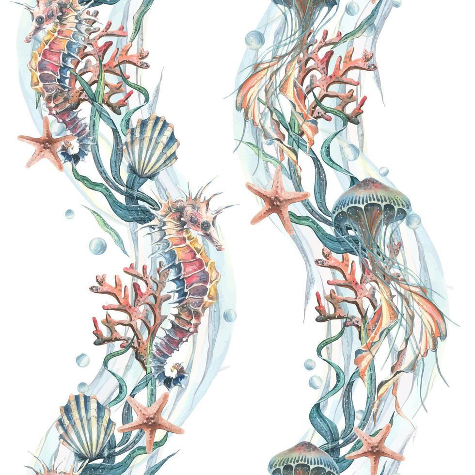 Jellyfish, seahorse, seashells, seaweed, starfish, corals, sea sponges and pebbles, bubbles. Marine watercolor illustration of the underwater world hand drawn. Seamless pattern vertical borders set vector