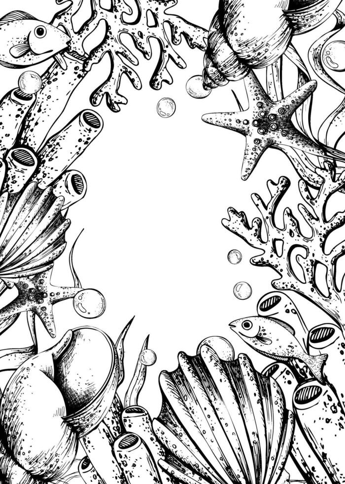 Corals, sea sponges, seaweed, shells, starfish and bubbles. Hand drawn graphic illustration in black and white color line art. Frame vertical template for text on marine theme vector