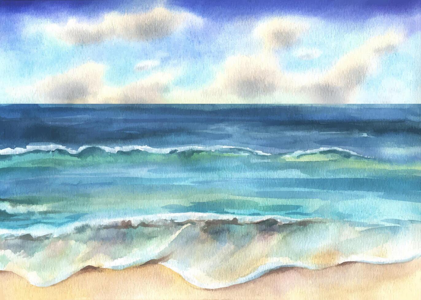 Sunlit ocean waves under a bright blue sky, painted in delicate watercolor. Great for book covers, wall decor, websites, and summer-themed projects. Fresh, airy, and inviting. vector