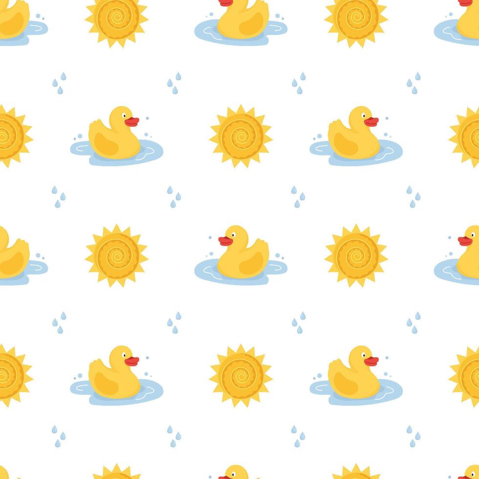 Seamless kids pattern with yellow rubber duck floating on water and sun. Cute cartoon bright design. Perfect for children's themes, bath time design, kids prints, textile, wrapping paper. vector