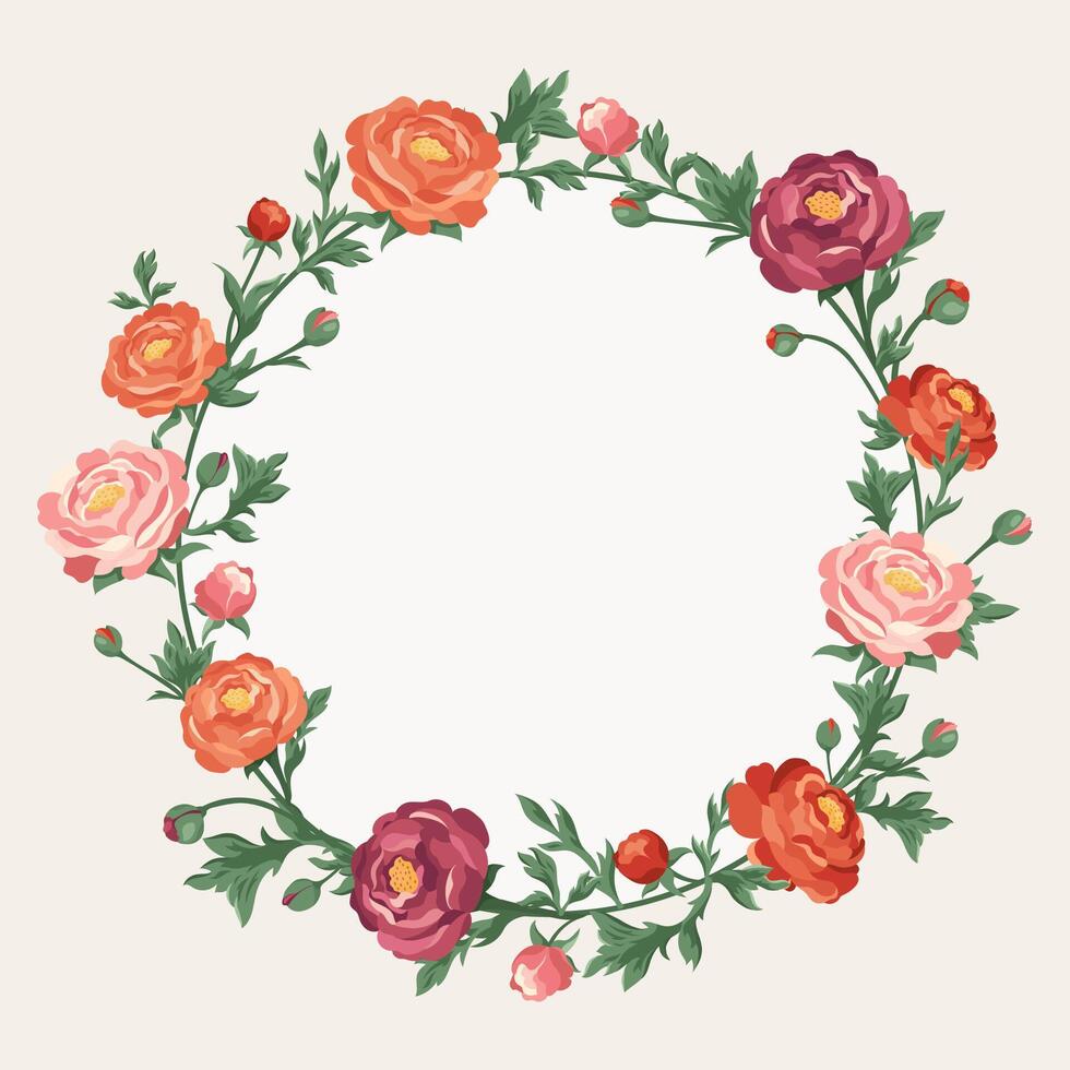 Elegant floral wreath with delicate red, pink, burgundy ranunculus and buds. Romantic card template with buttercup elements border ideal for wedding invitations, decor flyer, print bohemian aesthetics vector