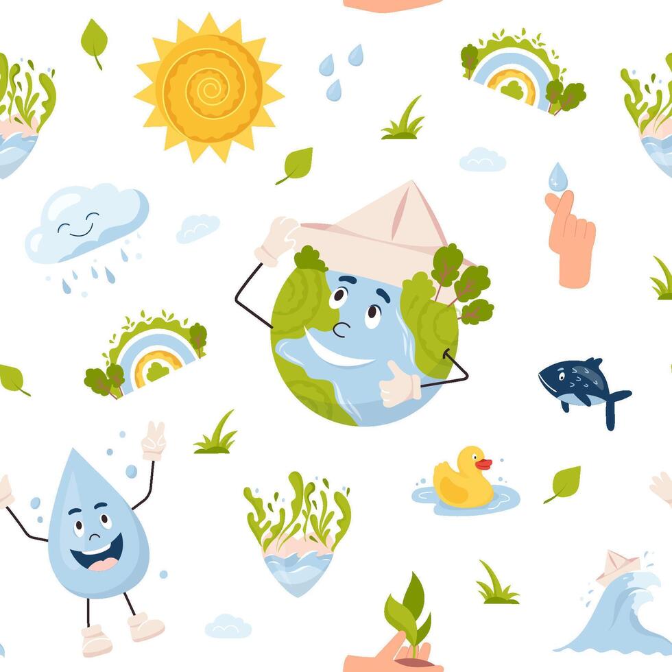 Kid's save Earth pattern. Caring for nature and environment. Cute cartoon planet earth character. Save water and green planet. Eco-friendly design for wrapping, fabric, wallpaper, texture vector