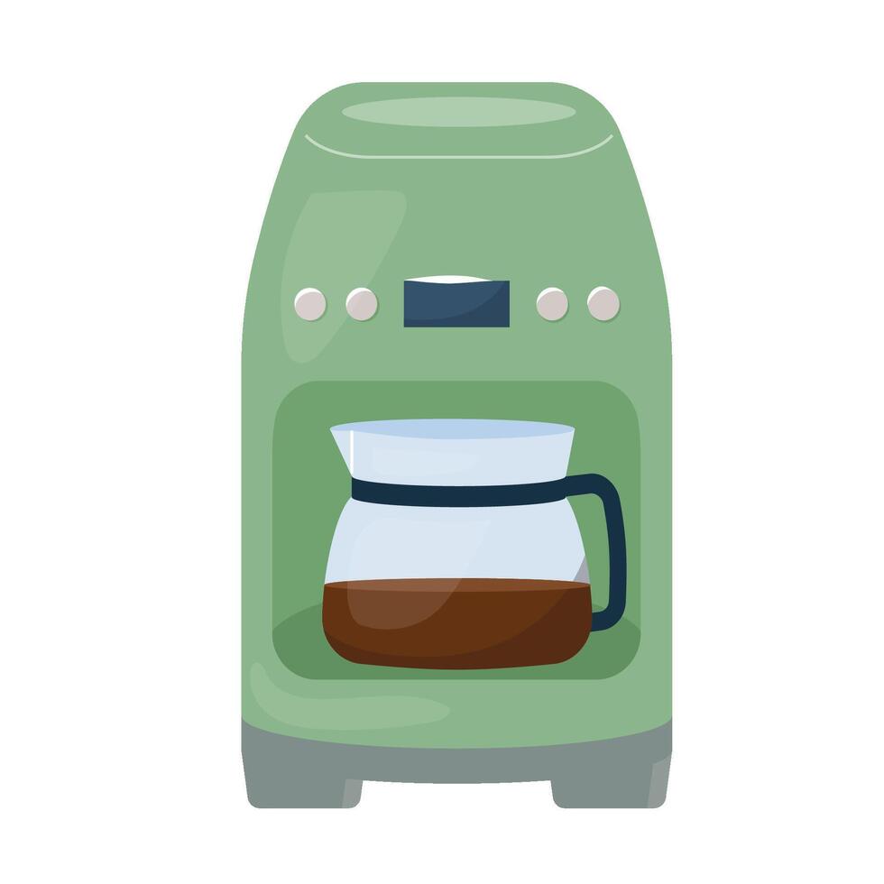 illustration of modern drip coffee machine with glass carafe Simple flat design isolated on white. Stylish kitchen appliance perfect for brewing filter coffee. Ideal for cafe menu, print or web vector
