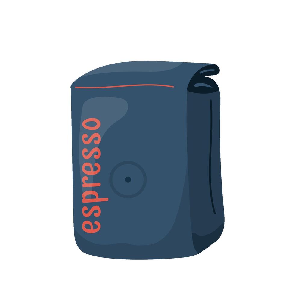 Rectangular espresso coffee pack in flat style. Minimal modern packaging with valve, dark color and bold lettering. Ideal for branding, design, cafe menu. Coffee bean bag. Flat illustration vector