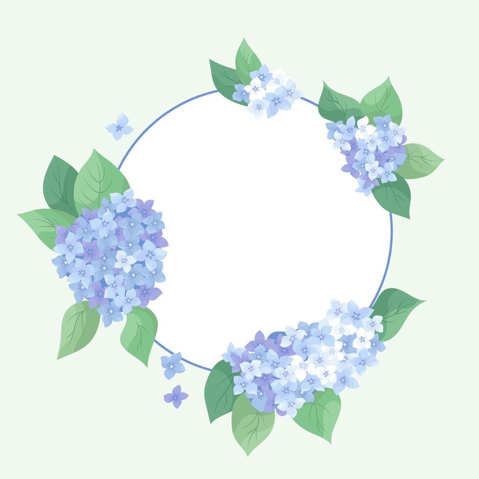 Elegant floral wreath with delicate blue and purple hydrangea Romantic card template with inflorescences hortensia elements border ideal for wedding invitations, decor flyer, print bohemian aesthetics vector