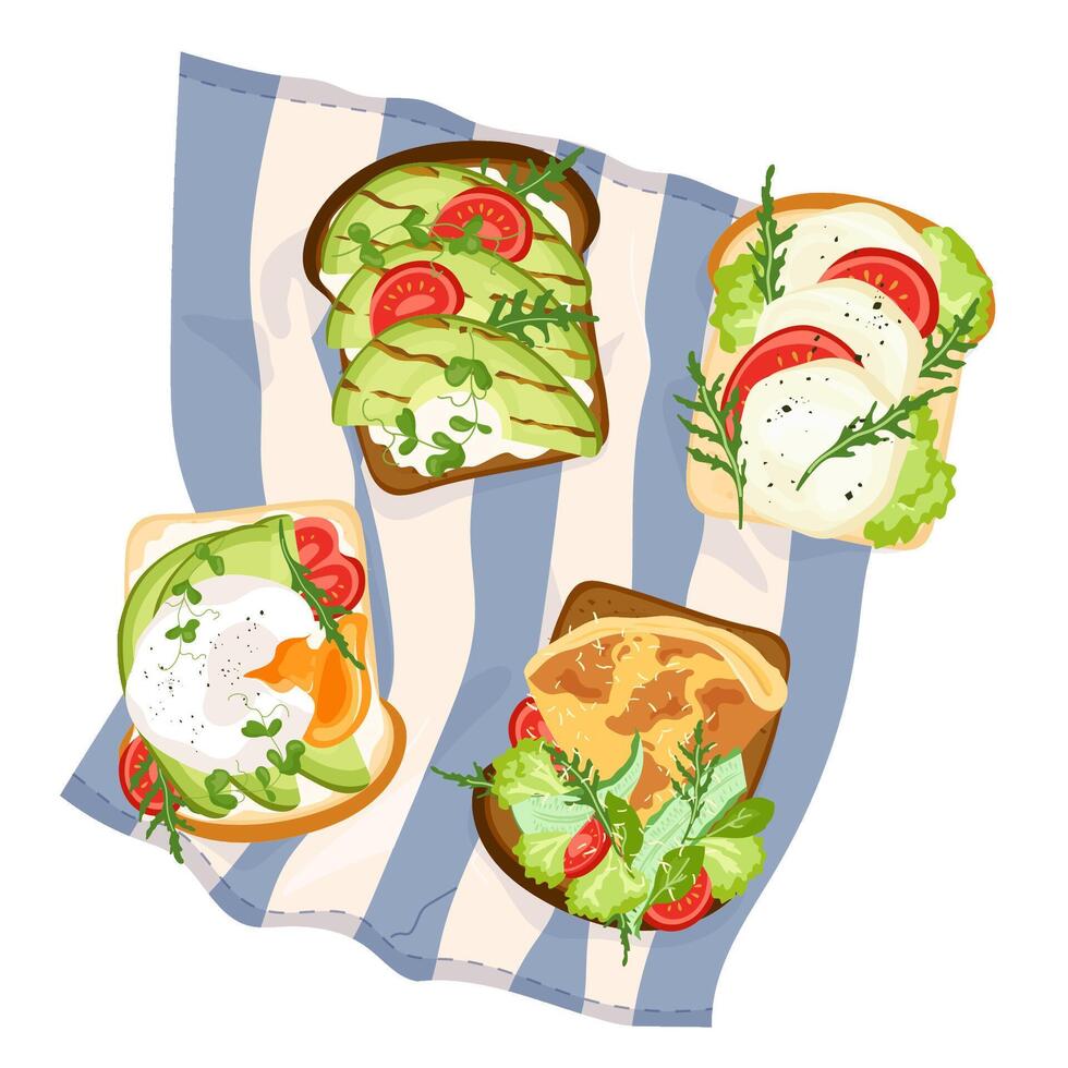 Set of healthy toasts on a napkin Open sandwich for breakfast or launch with poached eggs or omelet, avocado slices, cherry tomato, salad, mozzarella. illustration flat style isolated vector